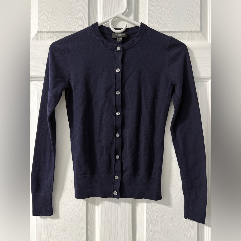 Ann Taylor Navy Crew Neck Cardigan (XXS Petite)